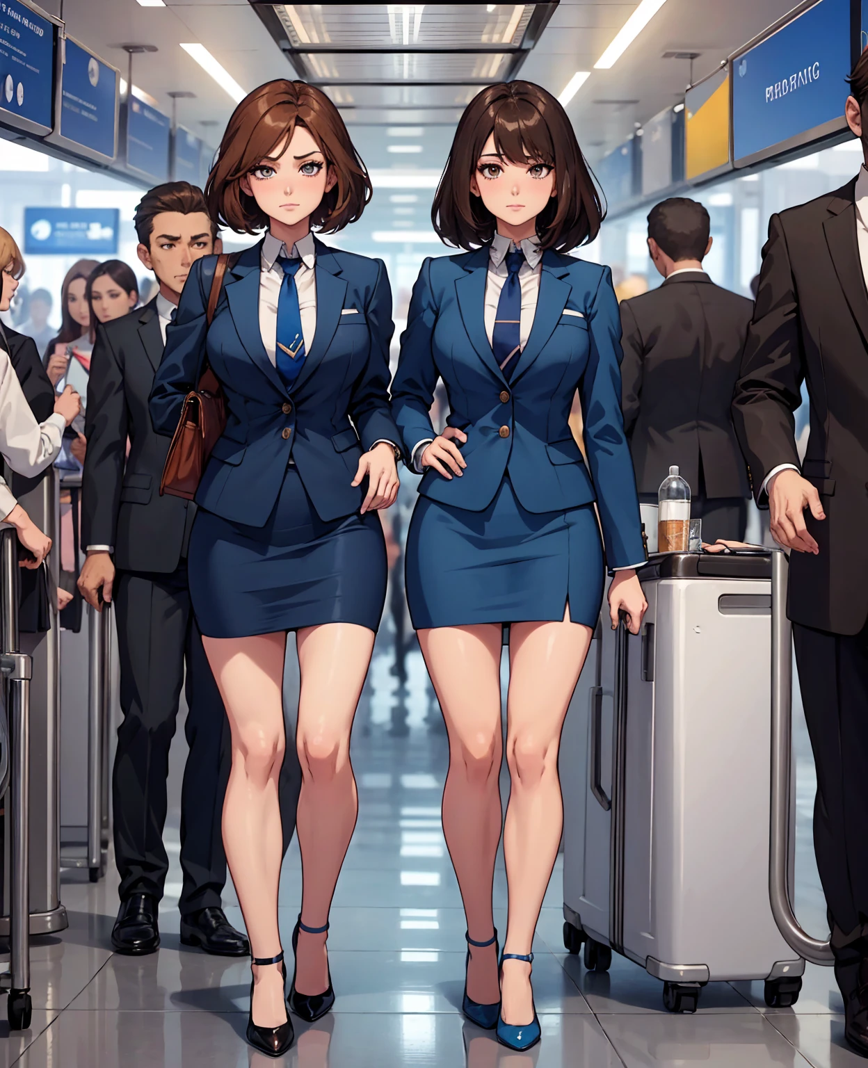 {{Mature female, caucasian}}, looking at viewer, hazel eyes, extremely detailed, medium breasts, brown hair, airport, flight attendant, uniform, blue blazer, blue necktie, blue skirt, medium skirt, pencil skirt, blue high heels, happy, best quality, high quality, extremely detailed anime screencap, {{{{crowded, multiple girls, thousands of sisters, millions of sisters,billions of sisters, clone, doppelganger, matching outfit, matching hairstyle}}}}, full body