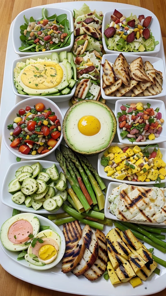 Colorful and Varied Keto Lunch Platter: A beautifully arranged platter with various keto-friendly foods, such as avocado, bacon-wrapped asparagus, deviled eggs, colorful salads, and grilled chicken. The vibrant colors and variety will catch the viewer’s eye.