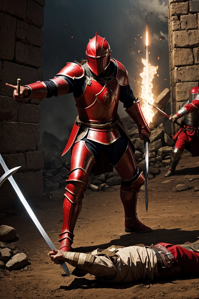 a knight in red armor pierces a peasant with a sword against the background of a battlefield