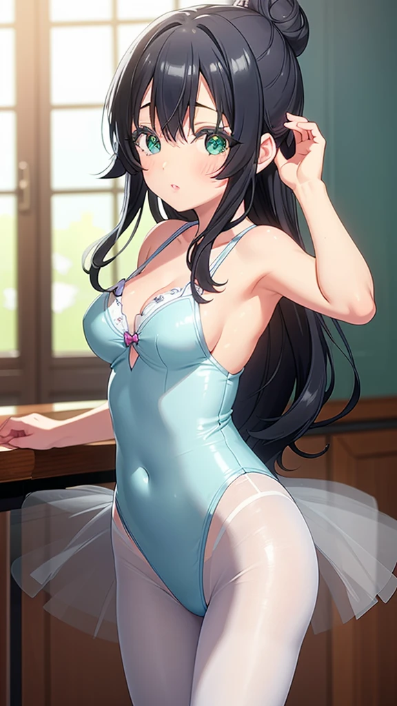 masterpiece, best quality, highly detailed, ultra high res, shizuka yoshimoto, 1girl, solo, hair ornament, black hair, hair in a bun, bangs, glossy lips, medium breasts, aqua eyes, school, ballerina, white pantyhose, tutu