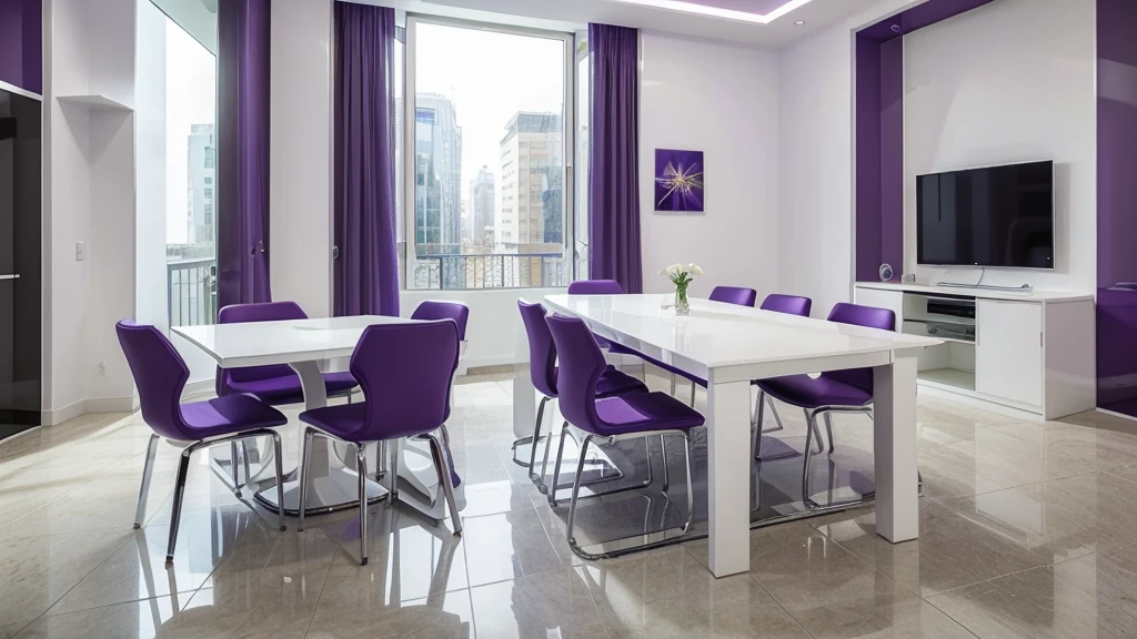 ((Best Quality)), ((Masterpiece)), (detailed), white and purple interview room with chairs and table and television