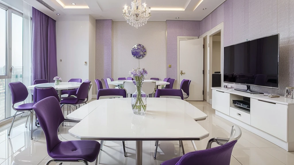 ((Best Quality)), ((Masterpiece)), (detailed), white and purple interview room with chairs and table and television