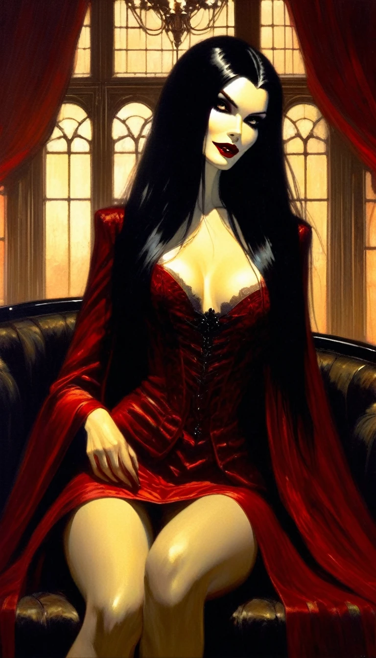 vampire girl, long black hair, middle age, (((full of blood))), sexy middle age noble clothing, (((blood in the mouth))), slight smile, in a palace room, sitting in a luxurious armchair, large window with night view, dim light , sepia toned, blood blood blood  (art inspired by Bill Sienkiewicz). oil painting)