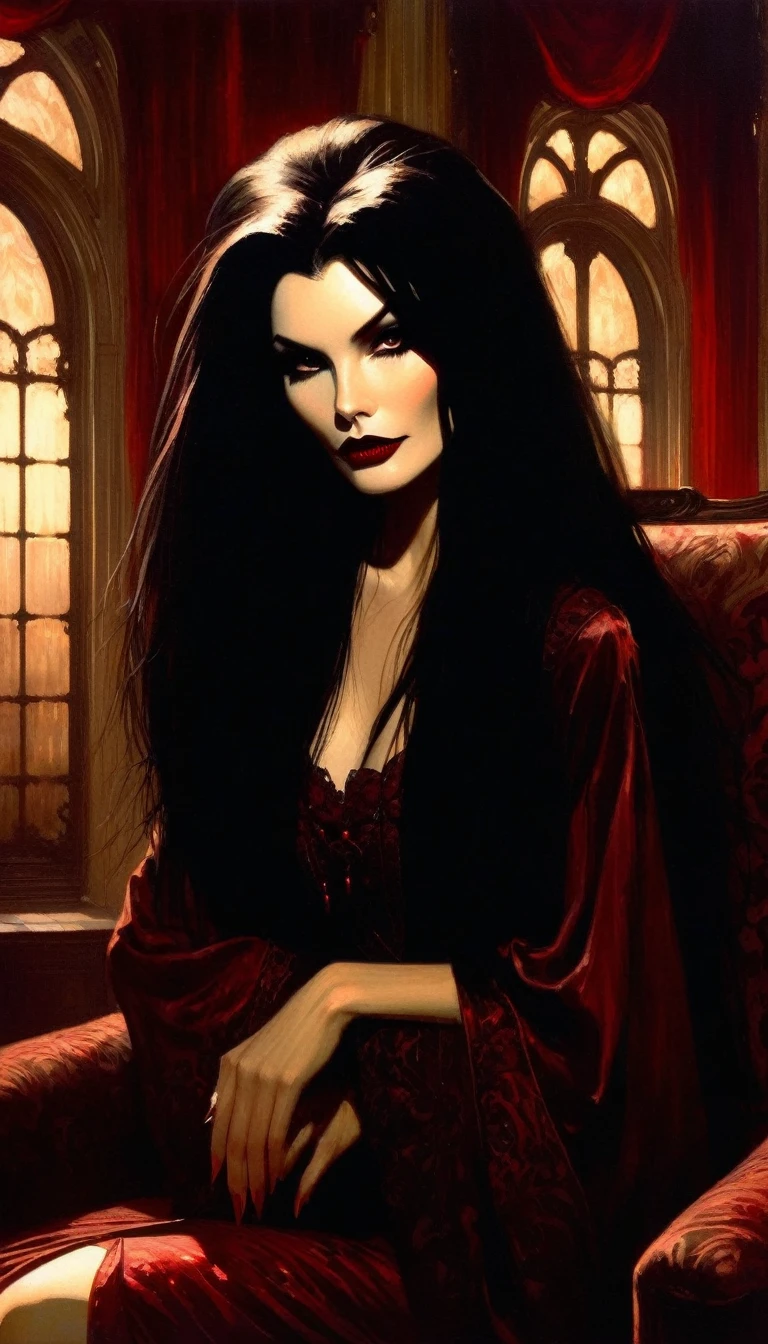 vampire girl, long black hair, middle age, full of blood, sexy middle age noble clothing, (((blood in the mouth))), slight smile, in a palace room, sitting in a luxurious armchair, large window with night view, dim light , sepia toned, (art inspired by Bill Sienkiewicz). oil painting)(best quality,4k,8k,highres,masterpiece:1.2),ultra-detailed,(realistic,photorealistic,photo-realistic:1.37),intricate details,vivid colors,sharp focus,professional,Dave McKean artwork, oil touch of surrealism,oil painting style