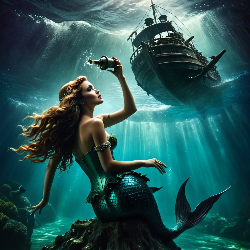 ((Dark fantasy movie style)), retro, dark realistic, vintage movie,  a mermaid calling pirates to enter the water 