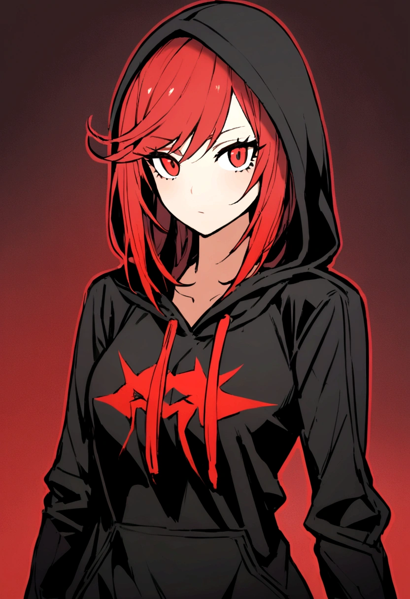 1 girl, rpg assassin style, with red hair, wearing a hoodie,.wearing assassin&#39;s clothes ,black in color,with red details.,