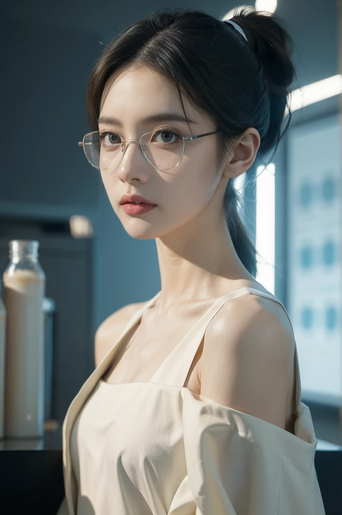 (((best quality))),(((ultra detailed))),(((masterpiece))),illustration,((1 beautiful girl,solo)),((slim,thin)),((small breasts,flat chest)),futuristic laboratory, ((stylish glasses,detailed eyes)), intelligence, white lab coat,(short ponytail:1.2), flawless skin, cyberpunk vibe, high-tech equipment, darkened lighting, high-altitude lamps, beakers, flasks, test tubes, computer screens, consoles, terminals, scientific wonderland, desolate surroundings, time warp, motionless, deep in concentration, profound scientific mystery, secrets of the universe, beauty, poignancy, essence of science, mystery, alluring appeal, captivating, enchanting