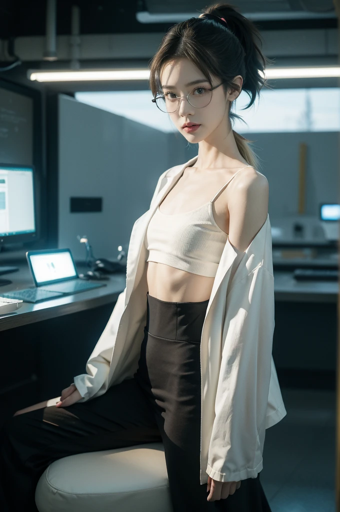 (((best quality))),(((ultra detailed))),(((masterpiece))),illustration,((1 beautiful girl,solo)),((slim,thin)),((small breasts,flat chest)),futuristic laboratory, ((stylish glasses,detailed eyes)), intelligence, white lab coat,(short ponytail:1.2), flawless skin, cyberpunk vibe, high-tech equipment, darkened lighting, high-altitude lamps, beakers, flasks, test tubes, computer screens, consoles, terminals, scientific wonderland, desolate surroundings, time warp, motionless, deep in concentration, profound scientific mystery, secrets of the universe, beauty, poignancy, essence of science, mystery, alluring appeal, captivating, enchanting