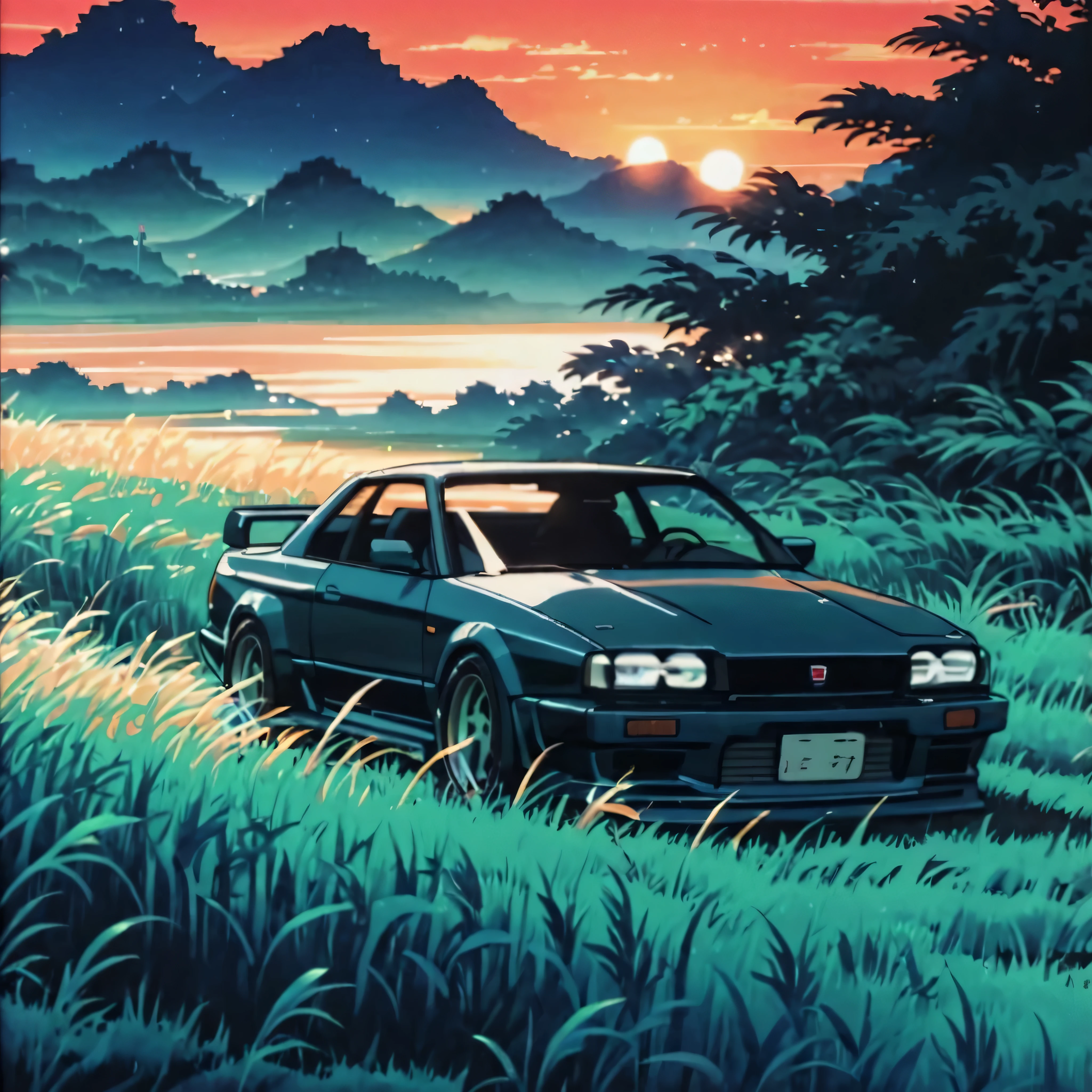 Classic Nissan　GTR　R34、Anime scenery of a girl sitting in tall grass with a sunset in the background.Beautiful anime scene, Beautiful anime peace scenes, Makoto Shinkai Cyril Rolland, Beautiful anime scene, Awesome Wallpapers, Anime Art Wallpapers 8K, Anime Background, artistic Anime Background, anime wallpaper 4k, Anime Art 4K Wallpaper, Anime Wallpaper Art 4k,