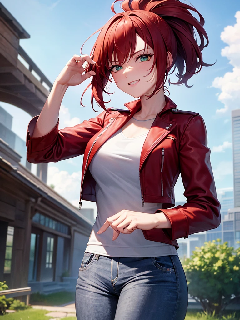 Red hair, green eyes, short ponytail, excited, excited smile, spiky hair, red jacket, jacket, jeans, outside, grass, white t-shirt, happy, ultra-detailed, absurdres, unreal engine, masterpiece, best quality, beautiful eyes, volumetric lighting, silky_hair), best quality, ultra-detailed, solo, looking at viewer, highres, 8k wallpaper, extremely detailed, smooth lighting, 8k, depth of field, masterpiece, cinematic lighting