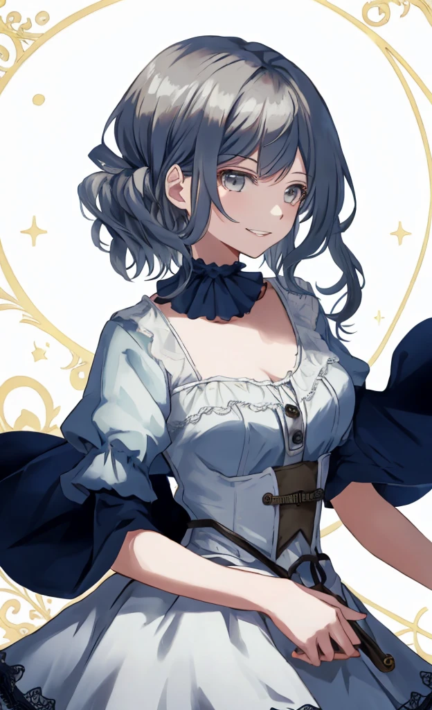 ((best quality)), ((masterpiece)), (detailed), 1girl, Character design, female, dynamic poses, long white grey hair, grey white eyes, very skinny, detailed, best quality, no accesoires around the neck, prominent collarbones, skinny arms, upper body, blank white background, plain background, white background, ((red and white clothing)), Bloodborne inspired, occult aesthetic, occult, detailed and intricate steampunk and detailed gothic, Very dramatic and cinematic lighting, cosmic horror, grim-dark, side-lighting, perfect face, Fluttering lace flared long knee length dress with frilly petticoats, knee length dress, pleated petticoats, petticoats gothic, complex lace boots, side-lighting, gothic aesthetic, wielding a mighty sword with mechanical components, mandalas, small breasts, a fairy, various different types of insect wings,upper body, upper body, white holy clothes,white holy clothes,((evil smile)),