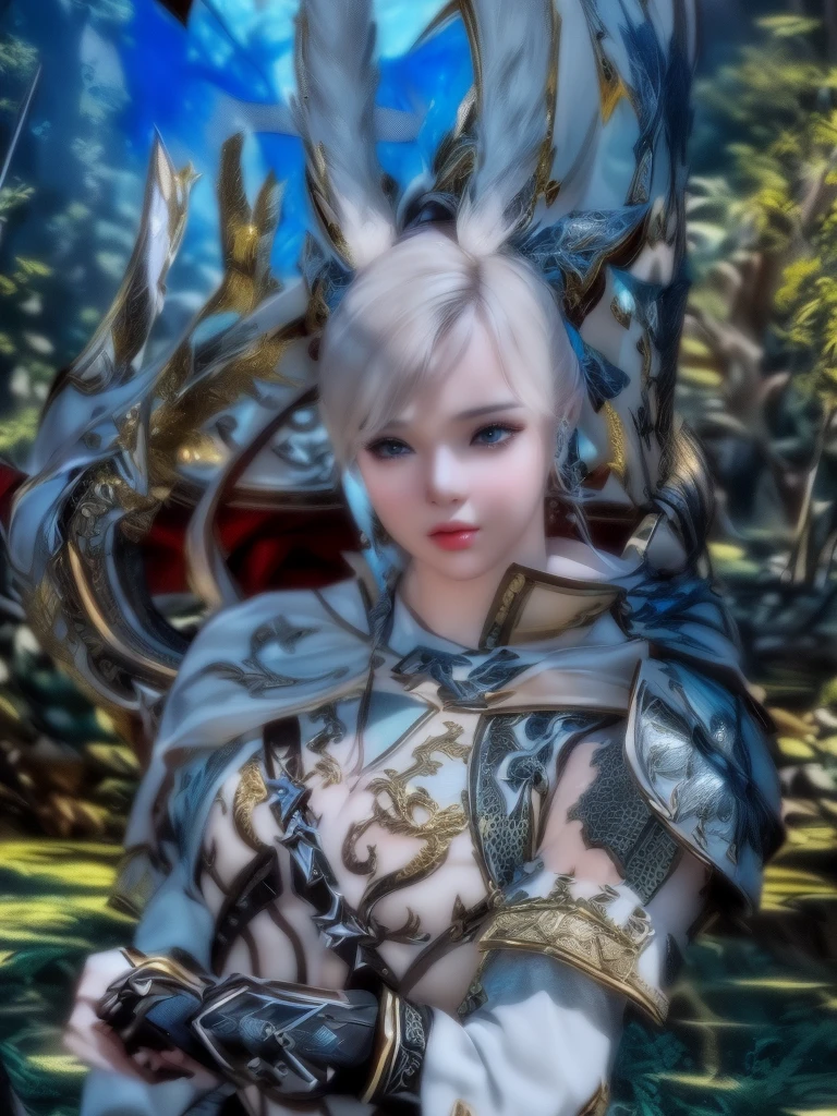a beautiful girl with an elegant bow and detailed armor, seductive lips, looking very sexy, highly detailed, fantasy, intricate details, photorealistic, 8k, award winning digital art, cinematic lighting, dramatic colors, film grain, octane render, volumetric lighting, god rays, chiaroscuro, oil painting style, impasto, smooth blending, dynamic pose, graceful, powerful, confident, atmospheric, cinematic, dramatic, masterpiece con sus orejas de caneja y que se vea un bosque alrededor suyo bien detallado cuidan muchos los detalles