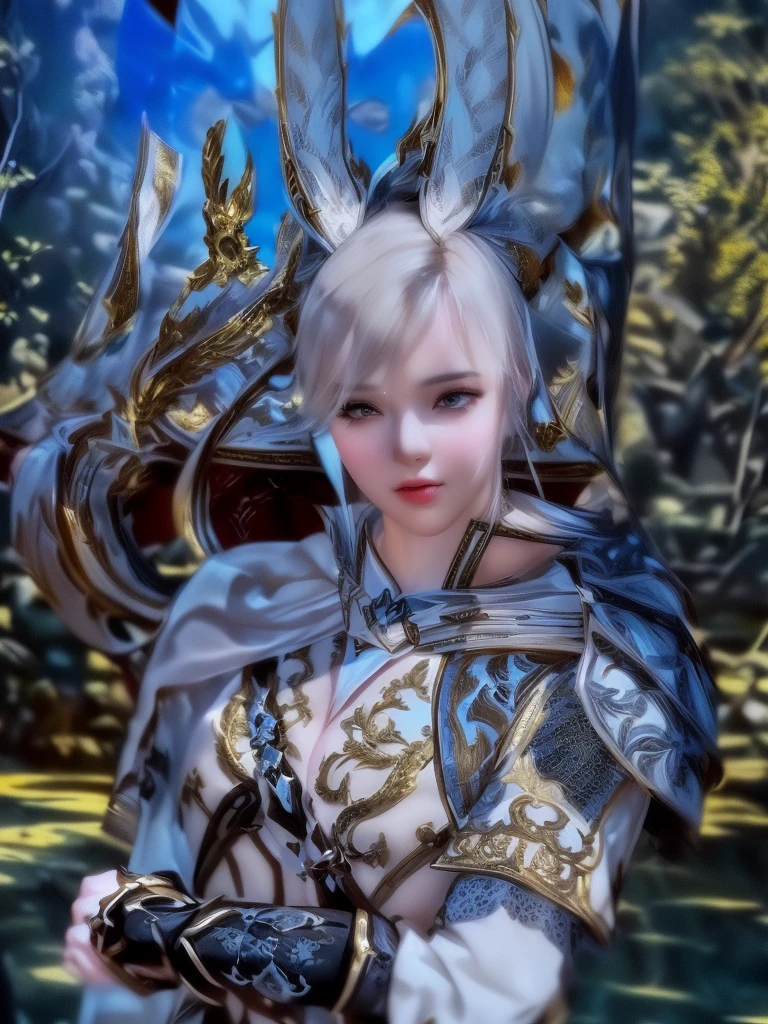 a beautiful girl with an elegant bow and detailed armor, seductive lips, looking very sexy, highly detailed, fantasy, intricate details, photorealistic, 8k, award winning digital art, cinematic lighting, dramatic colors, film grain, octane render, volumetric lighting, god rays, chiaroscuro, oil painting style, impasto, smooth blending, dynamic pose, graceful, powerful, confident, atmospheric, cinematic, dramatic, masterpiece con sus orejas de caneja y que se vea un bosque alrededor suyo bien detallado cuidan muchos los detalles