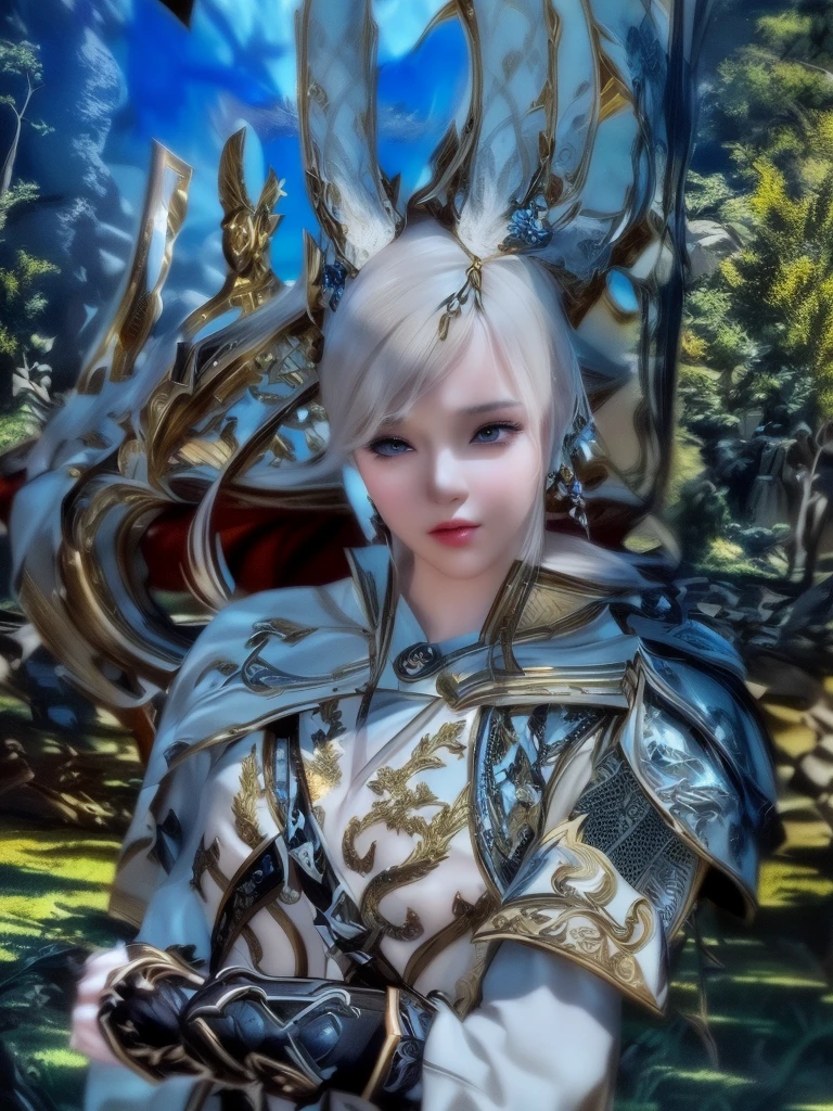 a beautiful girl with an elegant bow and detailed armor, seductive lips, looking very sexy, highly detailed, fantasy, intricate details, photorealistic, 8k, award winning digital art, cinematic lighting, dramatic colors, film grain, octane render, volumetric lighting, god rays, chiaroscuro, oil painting style, impasto, smooth blending, dynamic pose, graceful, powerful, confident, atmospheric, cinematic, dramatic, masterpiece con sus orejas de caneja y que se vea un bosque alrededor suyo bien detallado cuidan muchos los detalles