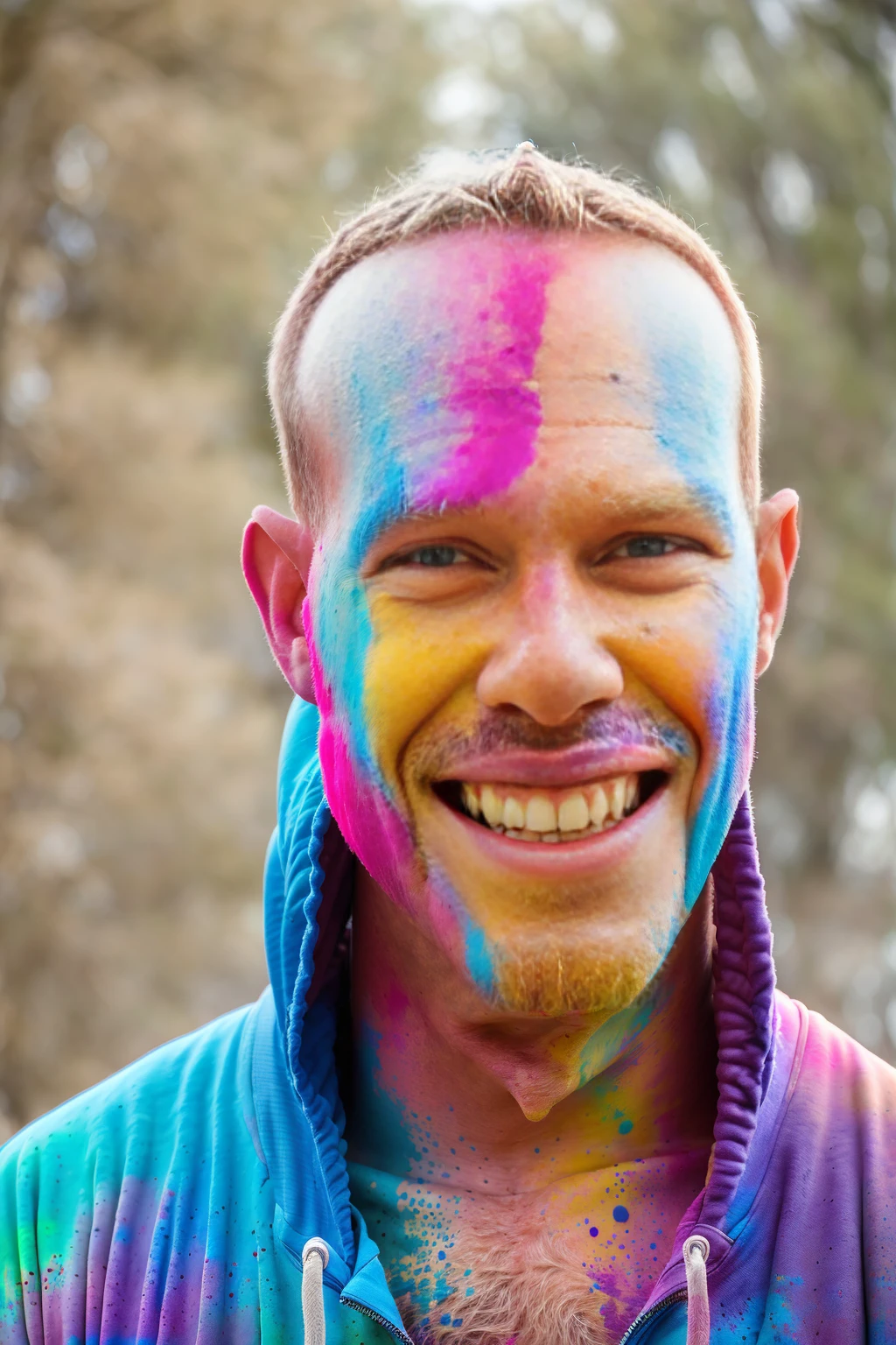 man (Todder9), wearing hoodie, looking at viewer, holi color festival, portrait, hyper detailed POV, by lee jeffries, nikon d850, film stock photograph ,4 kodak portra 400 ,camera f1.6 lens ,hyper realistic ,lifelike texture, dramatic lighting , cinestill 800