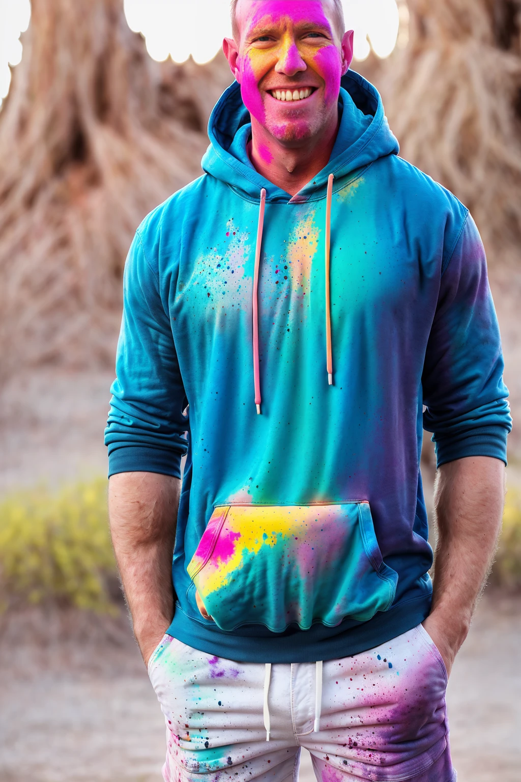 man (Todder9), wearing hoodie, looking at viewer, holi color festival, portrait, hyper detailed POV, by lee jeffries, nikon d850, film stock photograph ,4 kodak portra 400 ,camera f1.6 lens ,hyper realistic ,lifelike texture, dramatic lighting , cinestill 800