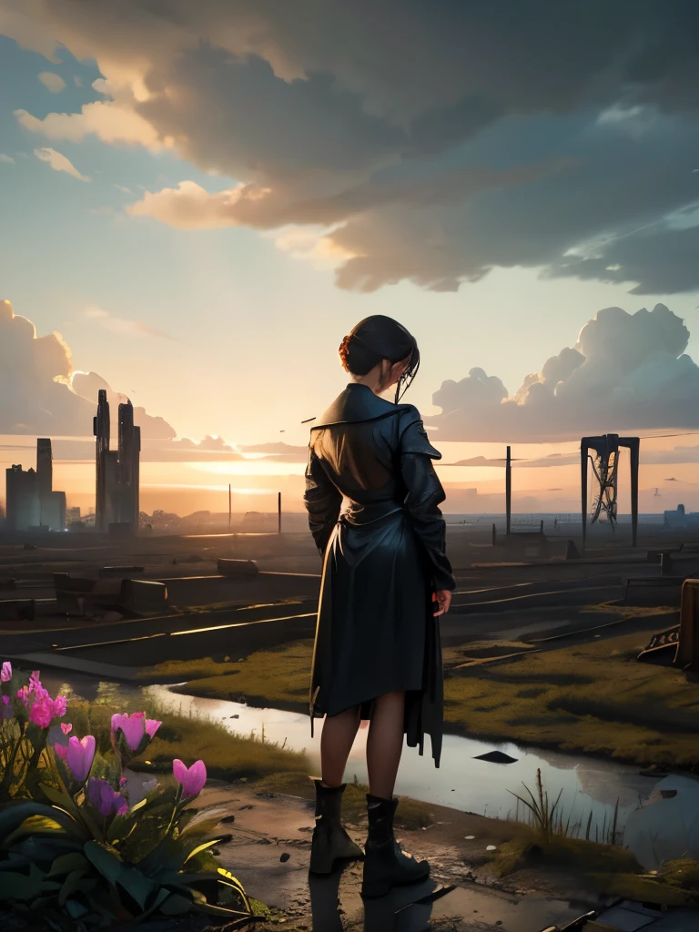 Masterpiece Oil painting, ((resilient)) (from back. Looking at the horizon) 1 gorgeous European woman. Age 23. standing amidst nuclear wasteland ruins, delicate flowers emerging from the desolation, ominous clouds casting shadows, ((haunting beauty)), post-apocalyptic. Dramatic light.