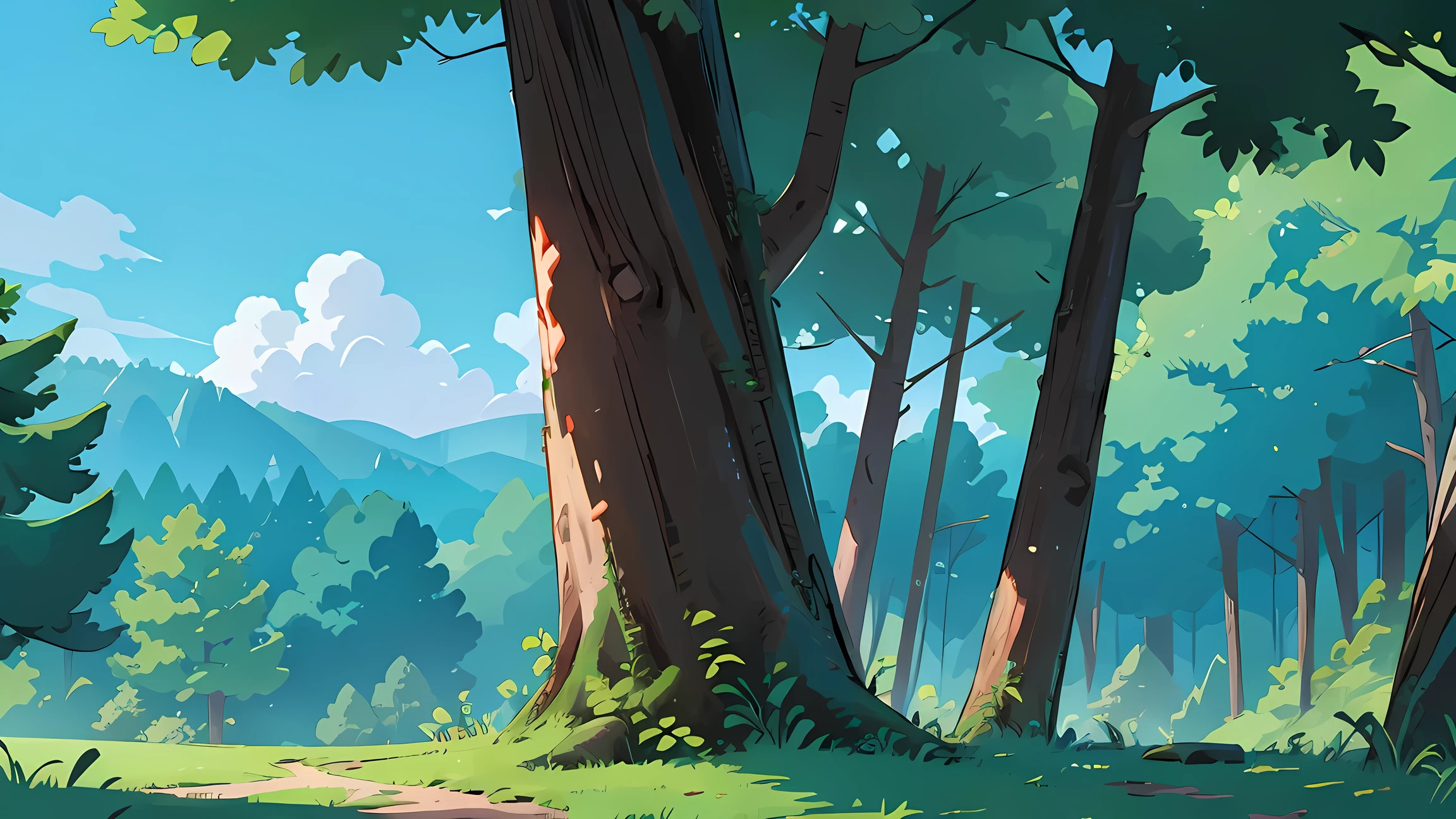 A beautiful forest seen from front, background, 3/4 view, blue sky, not shadows, flat color, masterpiece, cinematic view, best quality, 1990s style