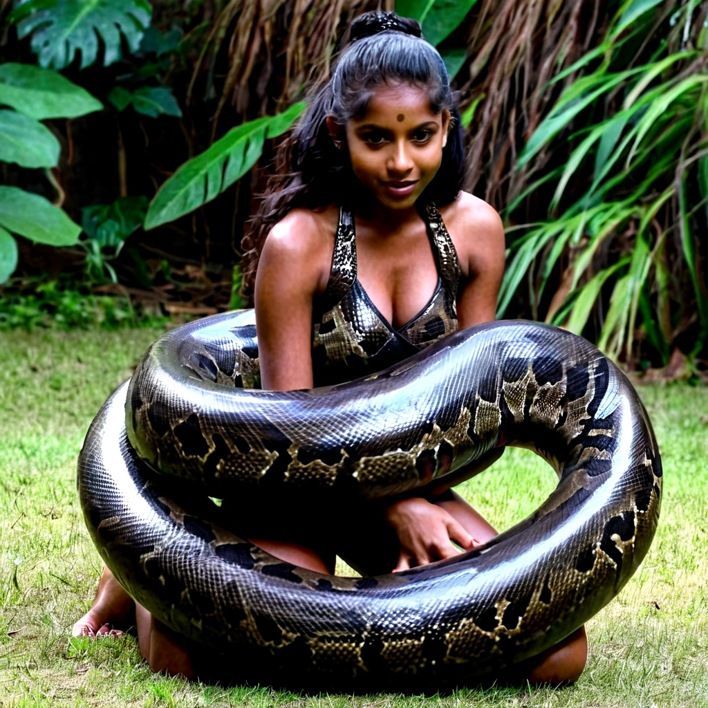    Happy Horny, aroused 1girl), beautiful kneeling indian young teen girl  with  giant colossal black titanboa squeezing her hard, wrapped in thick spiraling coils, constricted, struggle, gasping for air, snake attack, snake peril, moonless night, dim light