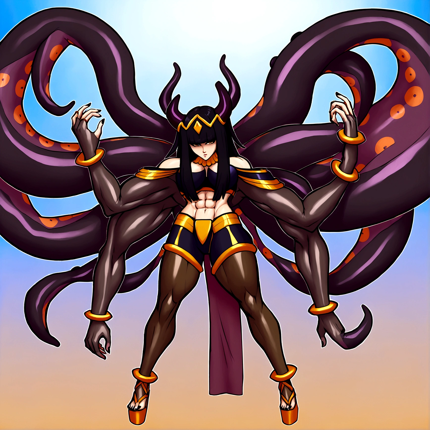 Tharja, yamato horns, ninomae tentacles, gigantic muscular body, 4 arms, full body.