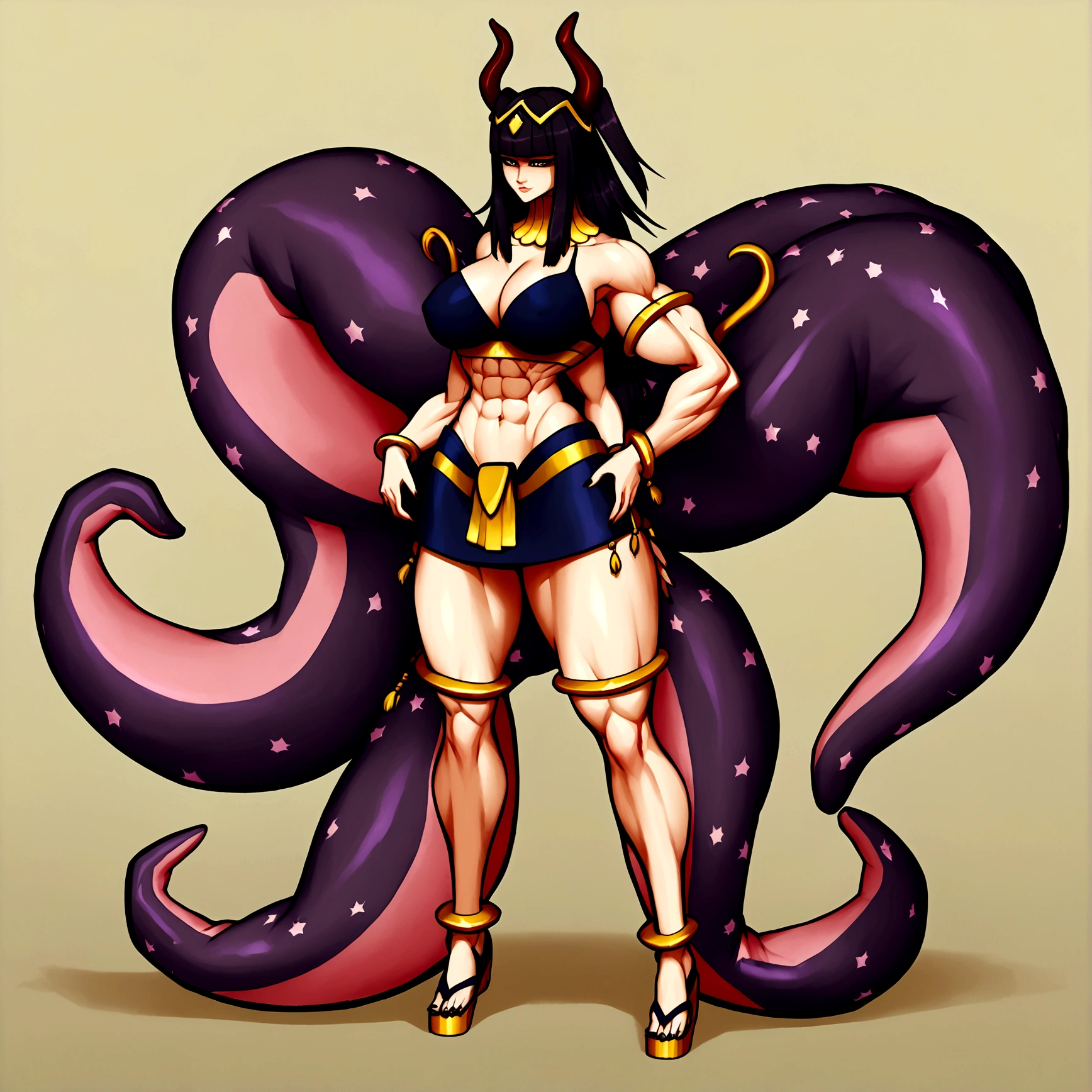 Tharja, yamato horns, ninomae tentacles, gigantic muscular body, 4 arms, full body.