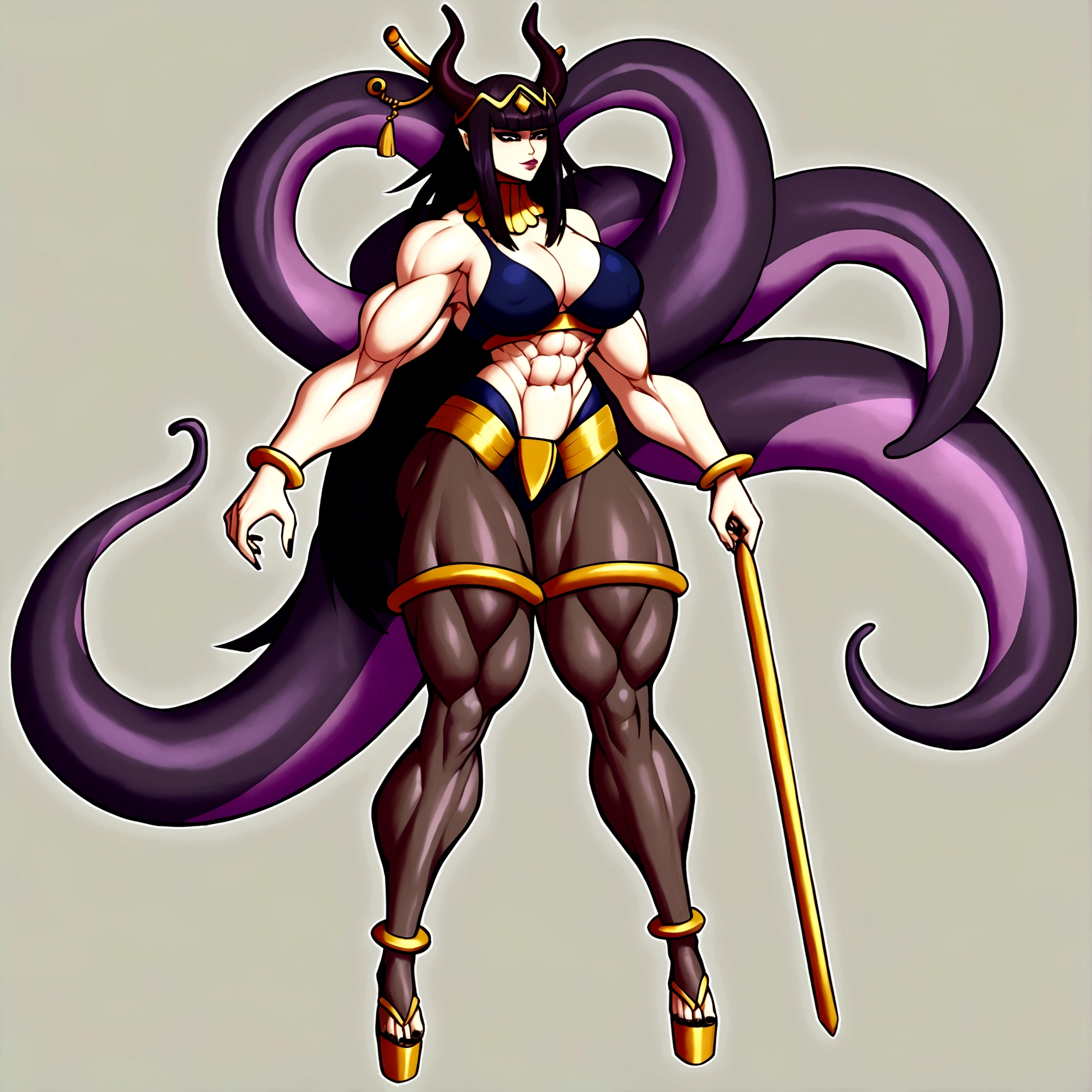 Tharja, yamato horns, ninomae tentacles, gigantic muscular body, 4 arms, full body.