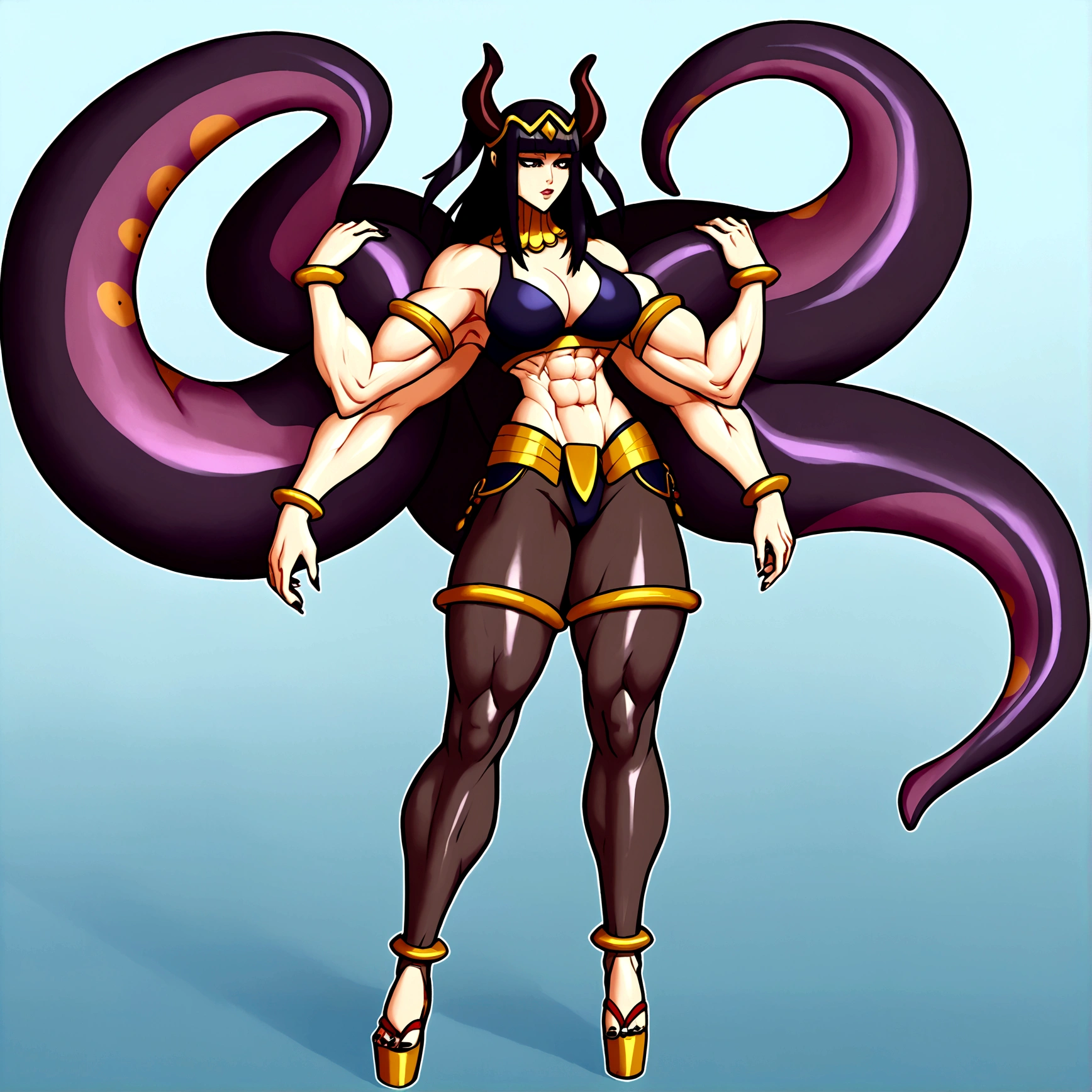 Mai Shiranui, ninomae hair, ninomae tentacles, raikou catsuit, felicia body, Yamato horns, gigantic muscular body, 4 arms, full body.