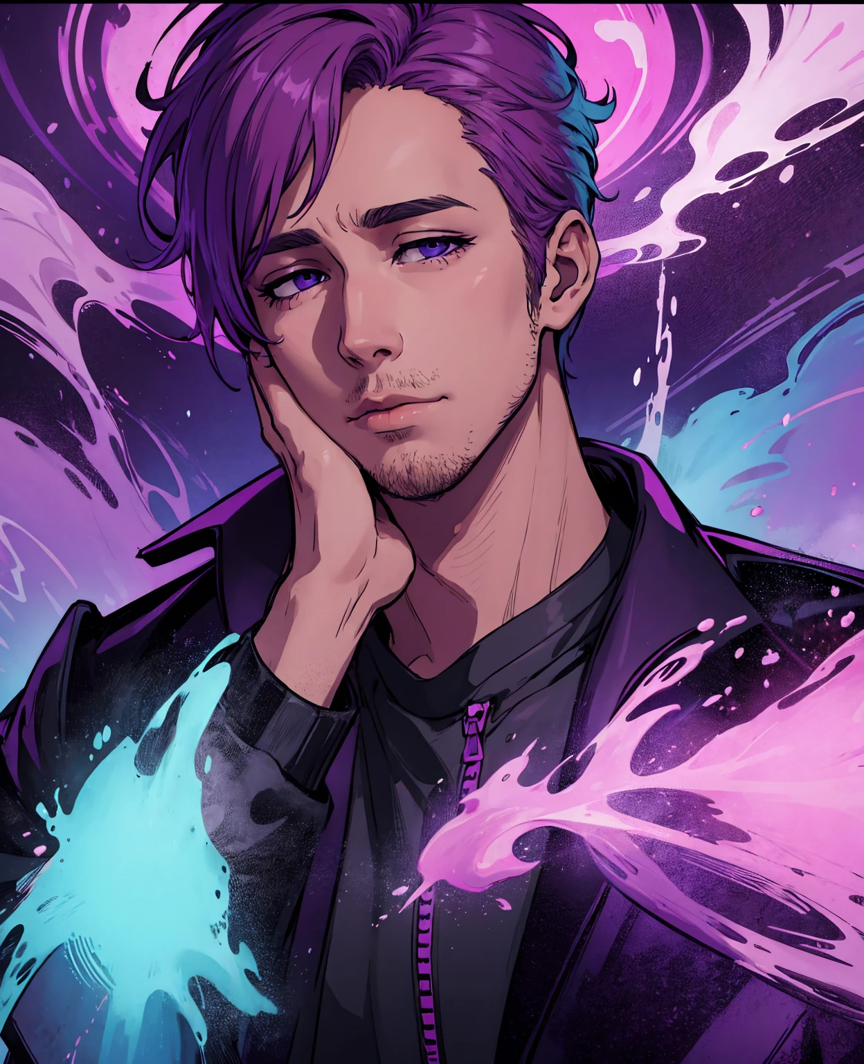 [Ryan Gosling portrait:abstract background:0.5], expressionism, violet tones, mist, smoke, digital art, muted tones, depressive, colorful background 