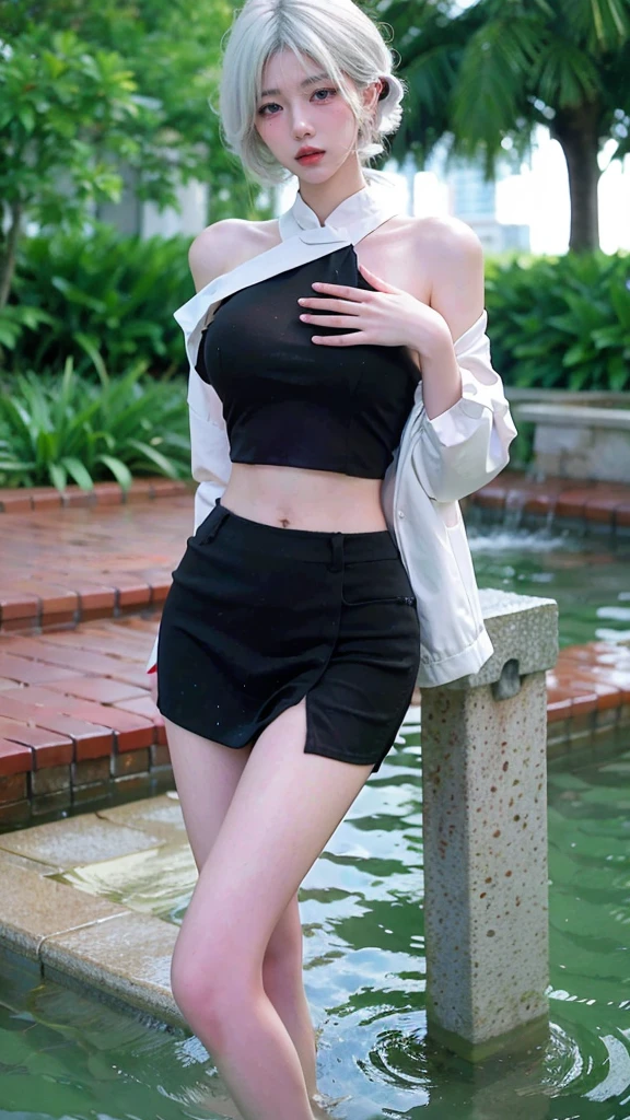 Beautiful woman with perfect figure:1.4,Ultra-high resolution,Wearing black,White legs,Put your hands behind your back,Swimming background,Big breasts:1.6,(Realism:1.4),perspective,Layered hairstyle,Snow white skin,JK:1.5,Super short pleated skirt,whole body:1.4,Very delicate and skin texture,Double eyelids,Skin Whitening,Long hair,White hair