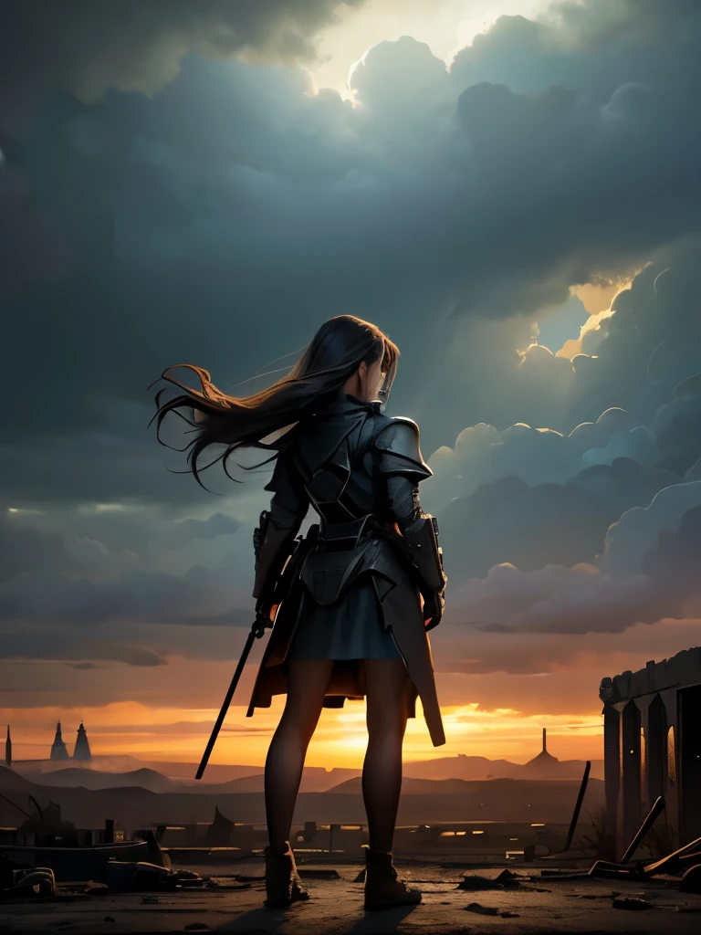 Masterpiece Oil painting, ((resilient)) (from back. Looking at the horizon) 1 gorgeous European woman. Age 23. standing amidst nuclear wasteland ruins, delicate flowers emerging from the desolation, ominous clouds casting shadows, ((haunting beauty)), post-apocalyptic. Dramatic light.