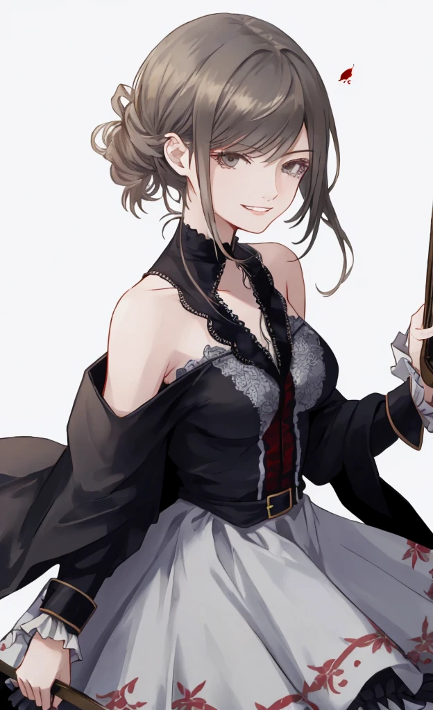 ((best quality)), ((masterpiece)), (detailed), 1girl, Character design, female, dynamic poses, long white grey hair, grey white eyes, very skinny, detailed, best quality, no accesoires around the neck, prominent collarbones, skinny arms, upper body, blank white background, plain background, white background, ((red and white clothing)), Bloodborne inspired, occult aesthetic, occult, detailed and intricate steampunk and detailed gothic, Very dramatic and cinematic lighting, cosmic horror, grim-dark, side-lighting, perfect face, Fluttering lace flared long knee length dress with frilly petticoats, knee length dress, pleated petticoats, petticoats gothic, complex lace boots, side-lighting, gothic aesthetic, wielding a mighty sword with mechanical components, mandalas, small breasts, a fairy, various different types of insect wings,upper body, upper body, white holy clothes,white holy clothes,((evil smile)),