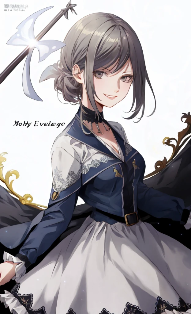 ((best quality)), ((masterpiece)), (detailed), 1girl, Character design, female, dynamic poses, long white grey hair, grey white eyes, very skinny, detailed, best quality, no accesoires around the neck, prominent collarbones, skinny arms, upper body, blank white background, plain background, white background, ((red and white clothing)), Bloodborne inspired, occult aesthetic, occult, detailed and intricate steampunk and detailed gothic, Very dramatic and cinematic lighting, cosmic horror, grim-dark, side-lighting, perfect face, Fluttering lace flared long knee length dress with frilly petticoats, knee length dress, pleated petticoats, petticoats gothic, complex lace boots, side-lighting, gothic aesthetic, wielding a mighty sword with mechanical components, mandalas, small breasts, a fairy, various different types of insect wings,upper body, upper body, white holy clothes,white holy clothes,((evil smile)),