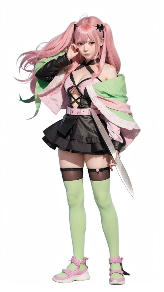 Korean girl's face, green eyes, green hair mixed with pink.