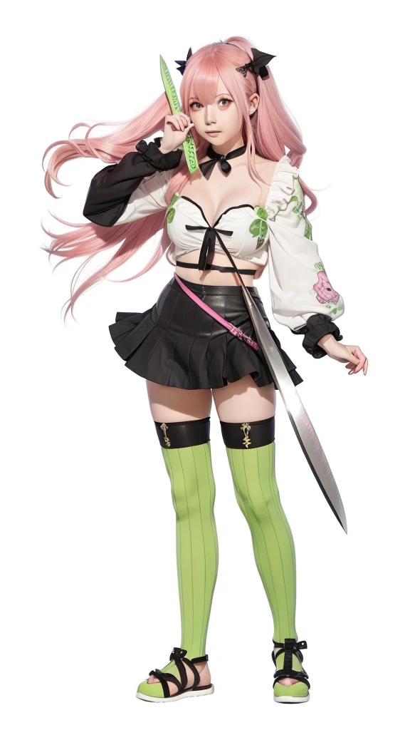 anime girl with pink hair and green eyes holding a knife, demon slayer rui fanart, marin kitagawa fanart, detailed anime character art, anime character art, tatsumaki, by Kentaro Miura, sui ishida art manga, (anime girl), anime visual of a cute girl, by Eizan Kikukawa, illustrious makinami, full body