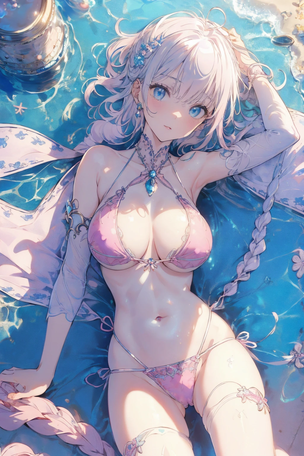(seaside photo:1.1, in blue marine:1.5), Masterpiece, best quality, (very detailed CG unity 8k wallpaper), (best quality), High definition RAW color art, Animation,sculptures, (pink Marble Skin), (((Ultra detailed elegant))), Magical atmosphere, Detailed skin, Texture,(Intricately detailed, Fine detail, ultra-detail art), depth of fields, bokeh, Silky Touch, Hyper Detail, beautiful eyes, Elegant Face, (lying on pastel pink waterfront), sparkle background, enormous breast:1.3, (silver hair), pastel purple,, muscle, embarrassing red face, wide open udder, shorthair, nsfw rope bikini