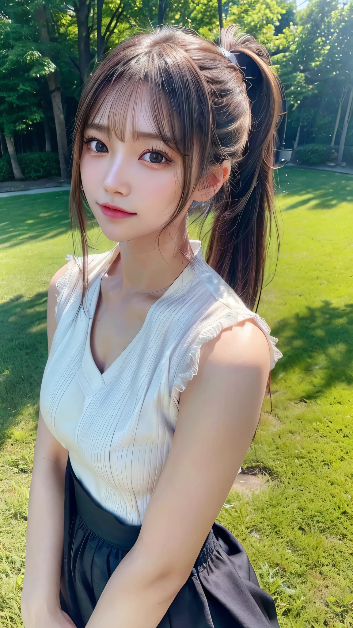 One piece with collar,outdoors,Urban Park,On the lawn,Ultra-detailed, finely detail, hight resolution, 8K Wallpaper, Perfect dynamic composition, Beautiful detailed eyes,Outdoor,Close-up of face,Outdoor,Blushing,Facing forward,,Long hair ponytail,((8k, Raw photo, Best Quality, Mastepiece:1.2), (Realism, Photorealistic:1.4), (Highly detailed 8K wallpapers), Depth of written boundary, Cinematic Lighting, Soft Light, Detailed Beauty Eye,Shiny and smooth light brown ponytail, Asymmetrical bangs, Shiny skin, Ultra-detailed skins ,It is high resolution., High detail, Detailed hairstyle, Detailed facial beauty, Hyper-realistic, Perfect limbs, Perfect Anatomy ,1 Japanese girl,Famous Japanese Idols, Perfect female body,A shy smile,Short eyelashes,Double-edged eyelids,Look straight here,Hair style: ponytail,
