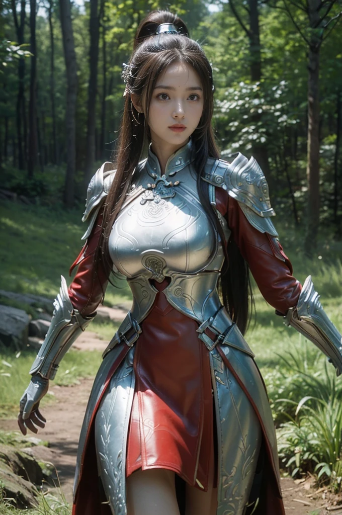 masterpiece，best quality，high resolution，8K，，((Head close-up))，original photo，real picture，Forest environment（（Field background）），Digital Photography，(Female generals on the battlefield of the Han Dynasty)，18 year old girl，（Long ponytail hairstyle)，Open lips，Noble and charming，Elegant and serious，(Han dynasty armor，Combination of white metal and red leather，hollow-carved design，armor，骑士armor，Metallic luster，Leather buckle，Beautiful Pattern，Mystical Emblem，Cool and beautiful breasts))，Chest groove，Three Kingdoms character painting style，Photo poses，oc render reflection texture，Bright colors，