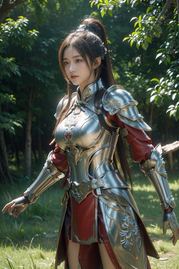 masterpiece,best quality,high resolution,8K,,((Head close-up)),original photo,real picture,Forest environment((Field background)),Digital Photography,(Female generals on the battlefield of the Han Dynasty),18 year old girl,(Long ponytail hairstyle),Open lips,Noble and charming,Elegant and serious,(Han dynasty armor,Combination of white metal and red leather,hollow-carved design,armor,骑士armor,Metallic luster,Leather buckle,Beautiful Pattern,Mystical Emblem,Cool and beautiful breasts)),Chest groove,Three Kingdoms character painting style,Photo poses,oc render reflection texture,Bright colors,