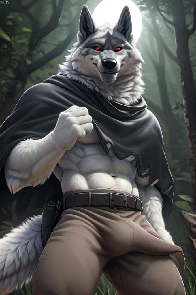 death (puss in boots), male, muscular, wolf, canid, fluffy, standing, night, forest, claws, paws, low angle view, long hair, black sclera, red eyes, tail, front view, action pose, (black poncho:1.2), clothed, bottomwear, pants, belt, white body, black fur, black fur, grey fur, forest, moonlight night, BREAK, by virtyalfobo, by anchee, by snowskau, by foxovh, by sabretoothed ermine, (intricate, high detail, film photography, soft focus, RAW candid cinema, photorealism, realistic, photorealistic, analog style, subsurface scattering, masterpiece, best quality, ultra realistic, 8k), bulge, bulge in pants, erect bulge in pants, raising cloak, revealing abs, 6-pack abs, smug expression, flirty, flexing bicep, muscular arms