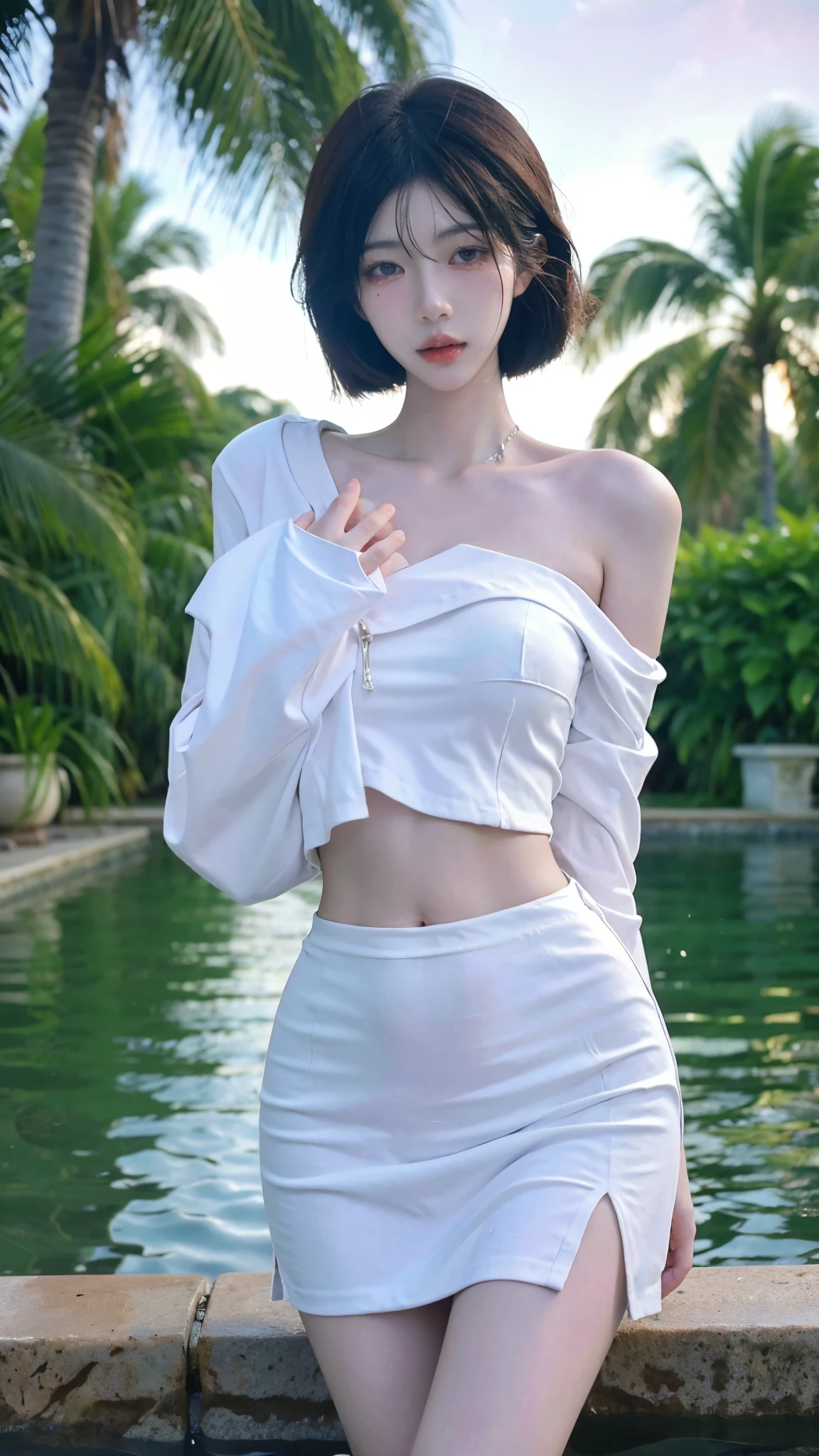Beautiful woman with perfect figure:1.4,Ultra-high resolution,Wearing black,White legs,Put your hands behind your back,Swimming background,Big breasts:1.6,(Realism:1.4),perspective,Layered hairstyle,Snow white skin,JK:1.5,Super short pleated skirt,whole body:1.4,Very delicate and skin texture,Double eyelids,Skin Whitening,Long hair,White hair