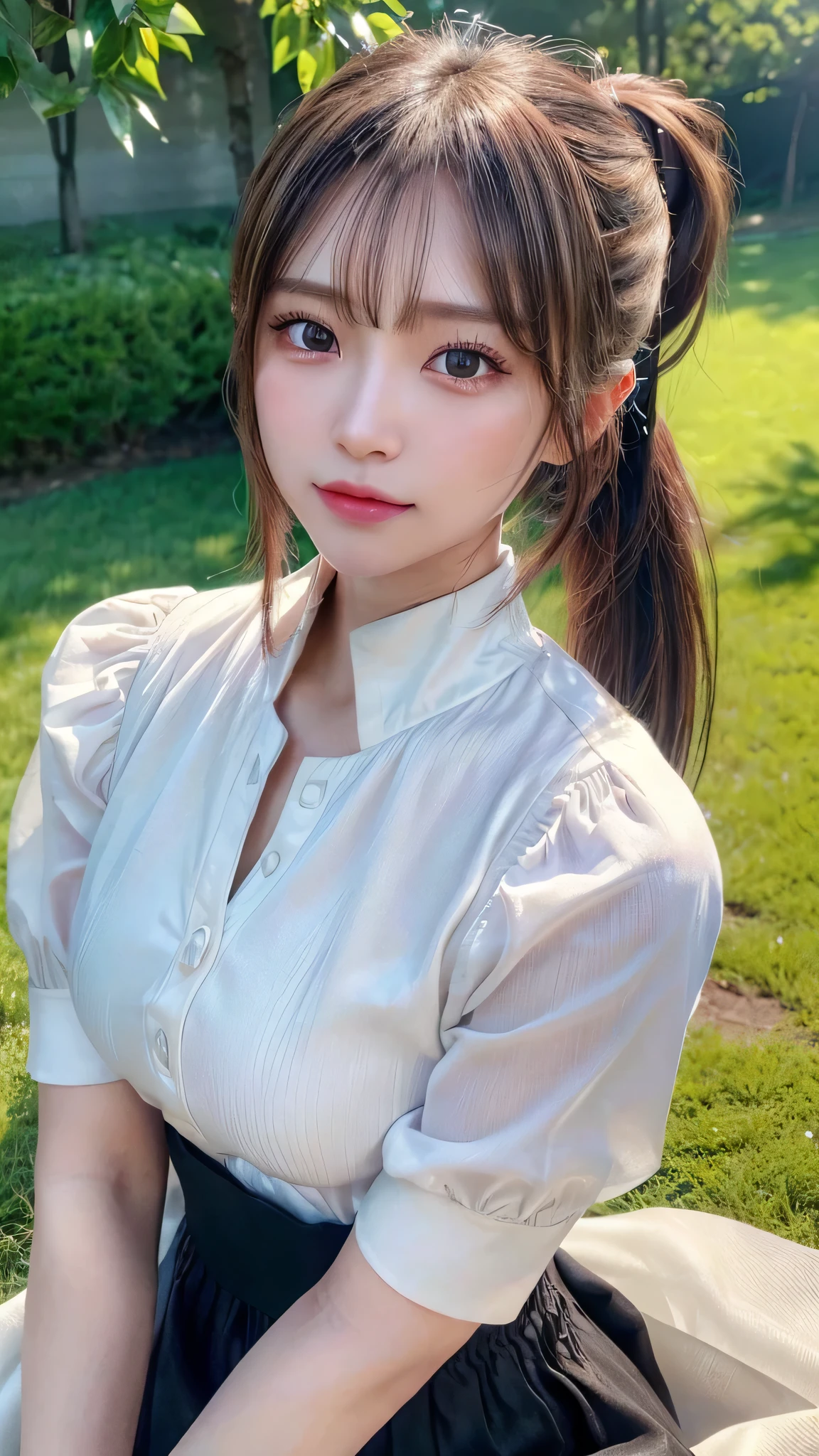 One piece with collar,outdoors,Urban Park,On the lawn,Ultra-detailed, finely detail, hight resolution, 8K Wallpaper, Perfect dynamic composition, Beautiful detailed eyes,Outdoor,Close-up of face,Outdoor,Blushing,Facing forward,,Long hair ponytail,((8k, Raw photo, Best Quality, Mastepiece:1.2), (Realism, Photorealistic:1.4), (Highly detailed 8K wallpapers), Depth of written boundary, Cinematic Lighting, Soft Light, Detailed Beauty Eye,Shiny and smooth light brown ponytail, Asymmetrical bangs, Shiny skin, Ultra-detailed skins ,It is high resolution., High detail, Detailed hairstyle, Detailed facial beauty, Hyper-realistic, Perfect limbs, Perfect Anatomy ,1 Japanese girl,Famous Japanese Idols, Perfect female body,A shy smile,Short eyelashes,Double-edged eyelids,Look straight here,Hair style: ponytail,