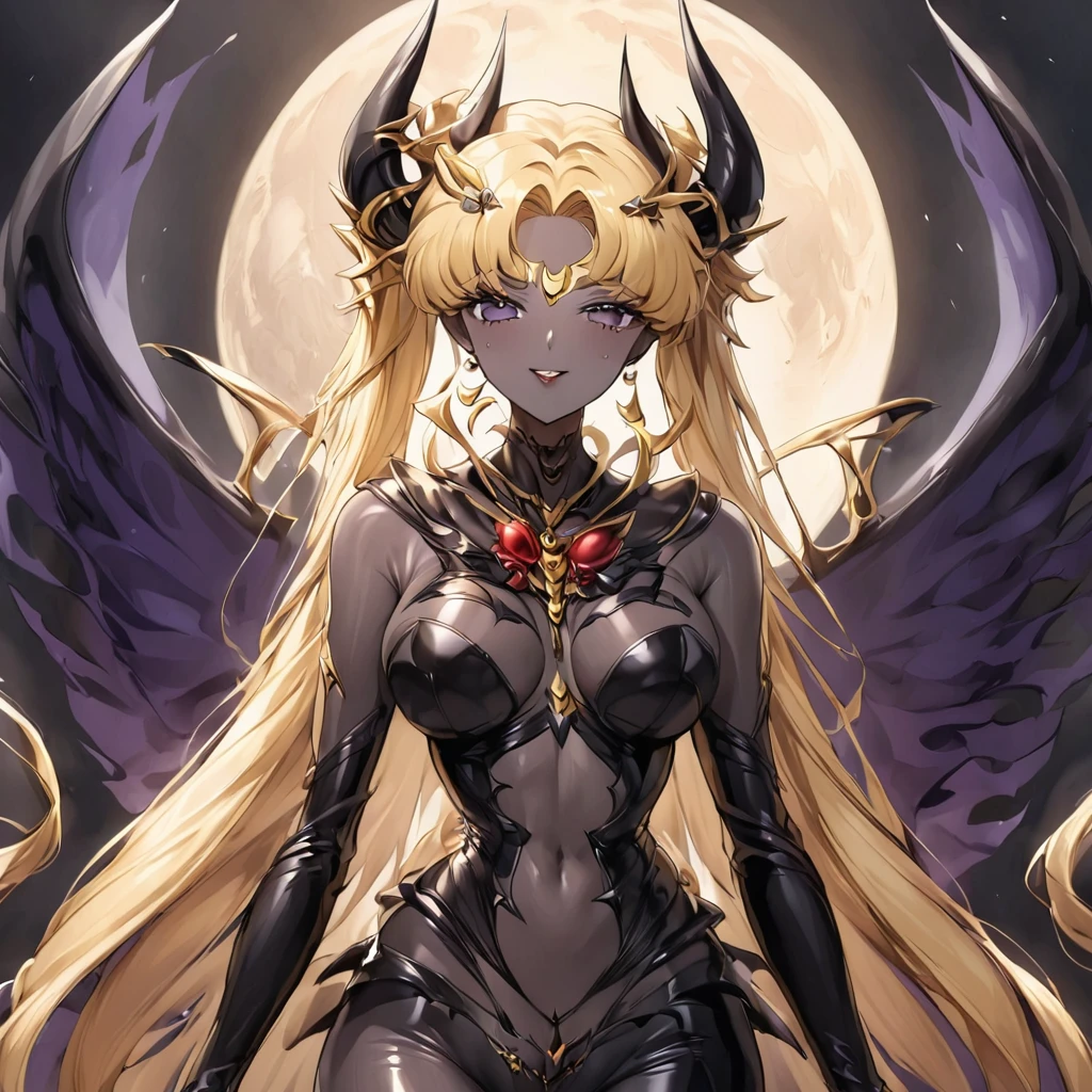 ((Highest quality)), ((masterpiece)), (detailed), (Perfect Face)、male1people女3people、Husband, wife and daughter2people、The woman clung to her husband, the powerful demon king.2peopleの娘は悪魔の姿の母親似のデビルプリンセスで女と魔王の傍に居る、The woman is naked and is the bride of the Demon King, the Dark Queen of the Black Moon Clan, the Demon Queen, Devil Queen Serenity, and is wearing a shiny black full-body bodysuit decorated with gold, a sexy female demon with jet-black skin, Devil Queen Serenity.、The woman is a jet-black female demon with magnificent devil horns, jet-black devil wings, and a jet-black tail. Her skin is jet-black, and she has a black inverted crescent moon mark on her forehead. She is the jet-black demon Devil Queen Serenity, and she has blonde hair.2The expression of a girl in love with her long hair tied up、Woman is Devil Queen Serenity