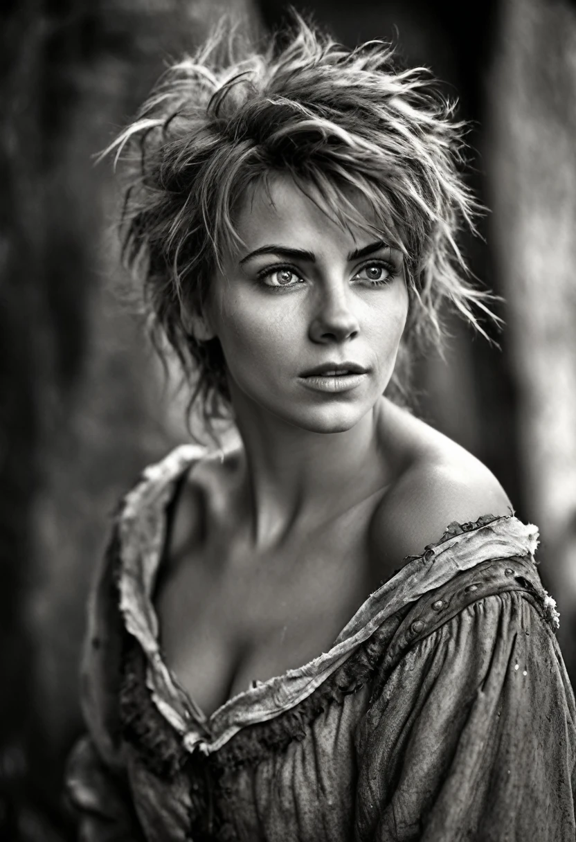 photorealistic, cute woman with messy hair and poor tattered clothes, beautiful sexy, (detailed medieval background), ultra sharp focus, detailed face, (((posing))), random hair color, short hair, pretty eyes, whole body, High-quality analog black and white photography., depth of field, film grain