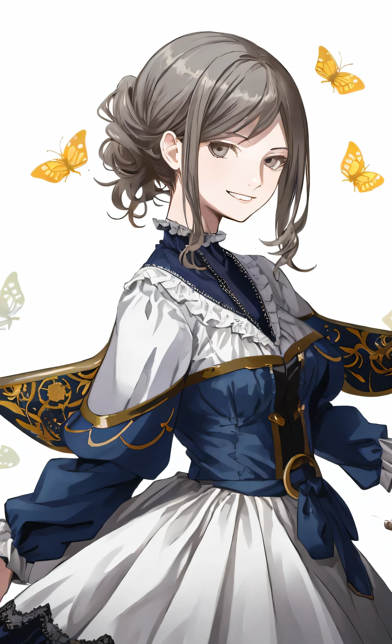 ((best quality)), ((masterpiece)), (detailed), 1girl, Character design, female, dynamic poses, long white grey hair, grey white eyes, very skinny, detailed, best quality, no accesoires around the neck, prominent collarbones, skinny arms, upper body, blank white background, plain background, white background, ((red and white clothing)), Bloodborne inspired, occult aesthetic, occult, detailed and intricate steampunk and detailed gothic, Very dramatic and cinematic lighting, cosmic horror, grim-dark, side-lighting, perfect face, Fluttering lace flared long knee length dress with frilly petticoats, knee length dress, pleated petticoats, petticoats gothic, complex lace boots, side-lighting, gothic aesthetic, wielding a mighty sword with mechanical components, mandalas, small breasts, a fairy, various different types of insect wings,upper body, upper body, white holy clothes,white holy clothes,((evil smile)),