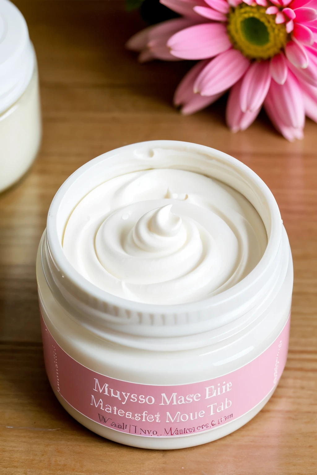 ((Best Quality)), ((Masterpiece)), (detailed), facial cream to moisturize the skin on a light pink table