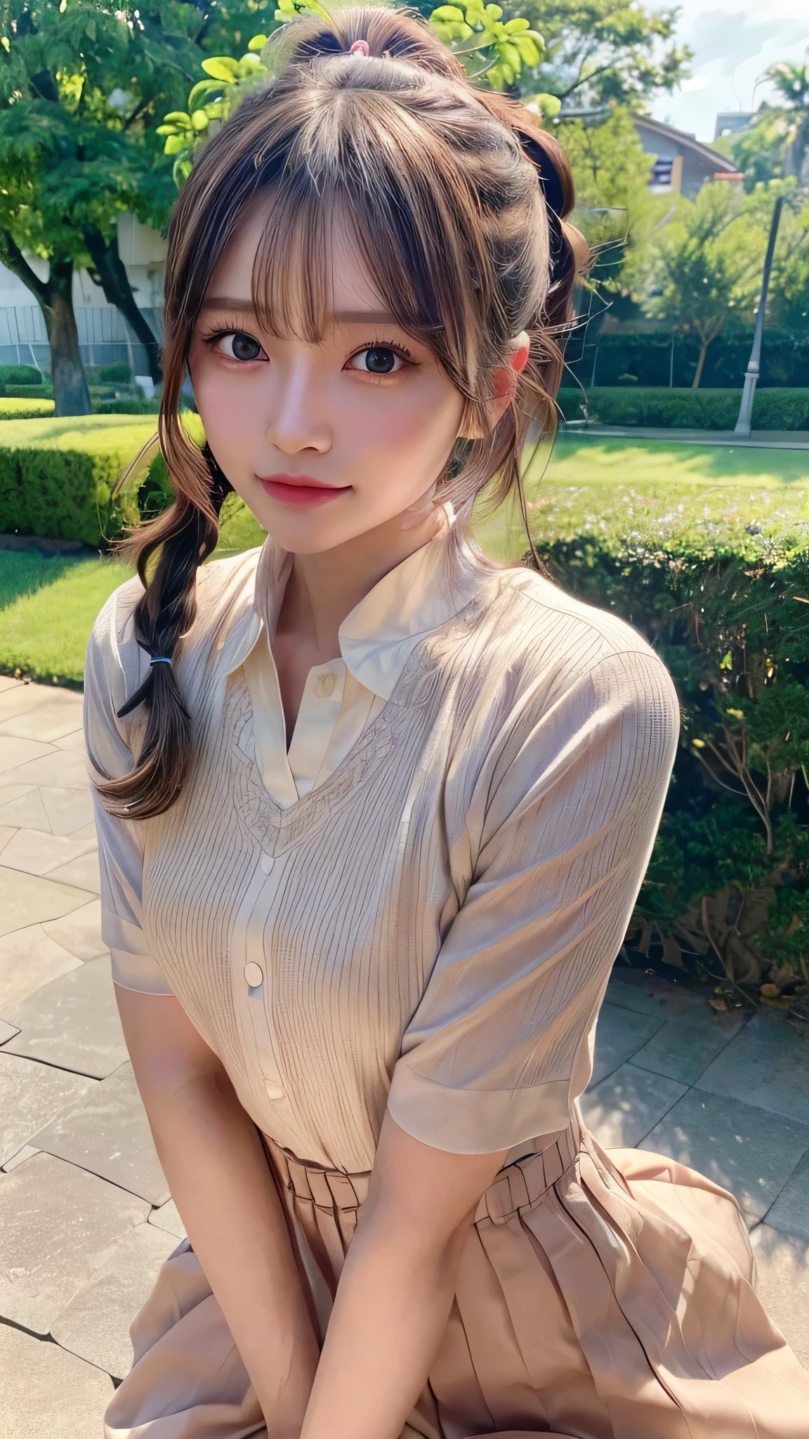 One piece with collar,outdoors,Urban Park,On the lawn,Ultra-detailed, finely detail, hight resolution, 8K Wallpaper, Perfect dynamic composition, Beautiful detailed eyes,Outdoor,Close-up of face,Outdoor,Blushing,Facing forward,,Long hair ponytail,((8k, Raw photo, Best Quality, Mastepiece:1.2), (Realism, Photorealistic:1.4), (Highly detailed 8K wallpapers), Depth of written boundary, Cinematic Lighting, Soft Light, Detailed Beauty Eye,Shiny and smooth light brown ponytail, Asymmetrical bangs, Shiny skin, Ultra-detailed skins ,It is high resolution., High detail, Detailed hairstyle, Detailed facial beauty, Hyper-realistic, Perfect limbs, Perfect Anatomy ,1 Japanese girl,Famous Japanese Idols, Perfect female body,A shy smile,Short eyelashes,Double-edged eyelids,Look straight here,Hair style: ponytail,