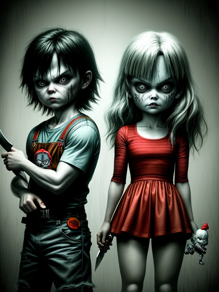 Chucky and Tiffany Ray fictional horror characters with knives in hand