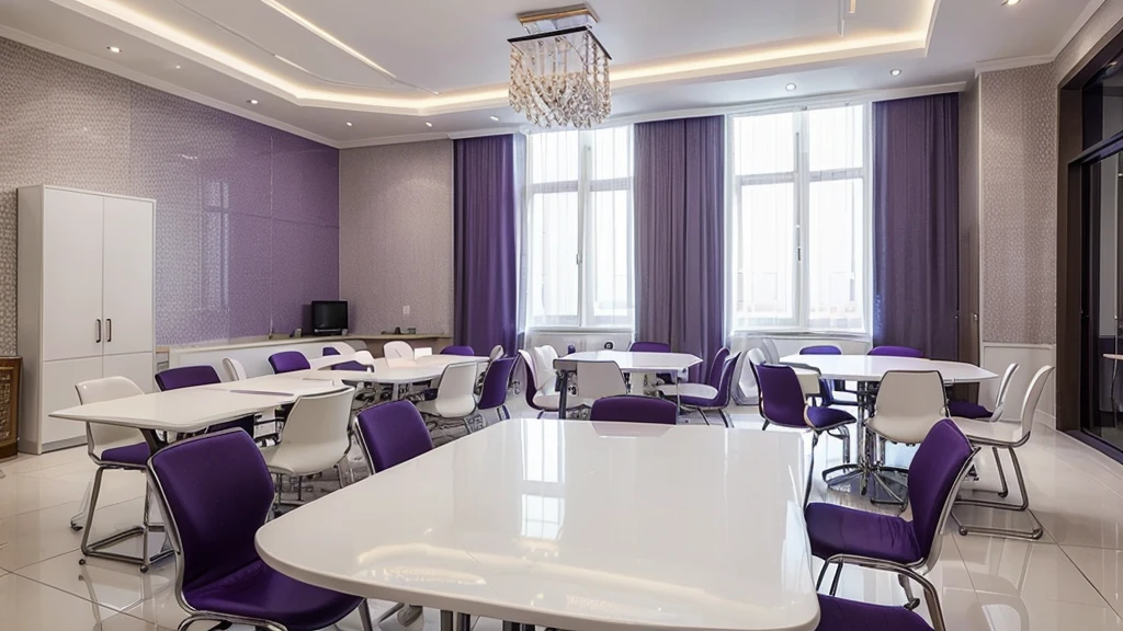 ((Best Quality)), ((Masterpiece)), (detailed), white and purple interview room with chairs and table