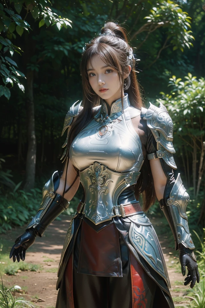 masterpiece，best quality，high resolution，8K，，((Head close-up))，original photo，real picture，Forest environment（（Field background）），Digital Photography，(Female generals on the battlefield of the Han Dynasty)，18 year old girl，（Long ponytail hairstyle)，Open lips，Noble and charming，Elegant and serious，(Han dynasty armor，Combination of white metal and red leather，hollow-carved design，armor，骑士armor，Metallic luster，Leather buckle，Beautiful Pattern，Mystical Emblem，Cool and beautiful breasts))，Chest groove，Three Kingdoms character painting style，Photo poses，oc render reflection texture，Bright colors，