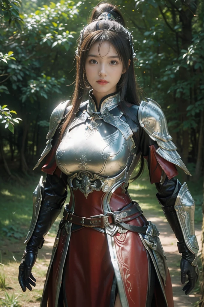 masterpiece,best quality,high resolution,8K,,((Head close-up)),original photo,real picture,Forest environment((Field background)),Digital Photography,(Female generals on the battlefield of the Han Dynasty),18 year old girl,(Long ponytail hairstyle),Open lips,Noble and charming,Elegant and serious,(Han dynasty armor,Combination of white metal and red leather,hollow-carved design,armor,骑士armor,Metallic luster,Leather buckle,Beautiful Pattern,Mystical Emblem,Cool and beautiful breasts)),Chest groove,Three Kingdoms character painting style,Photo poses,oc render reflection texture,Bright colors,